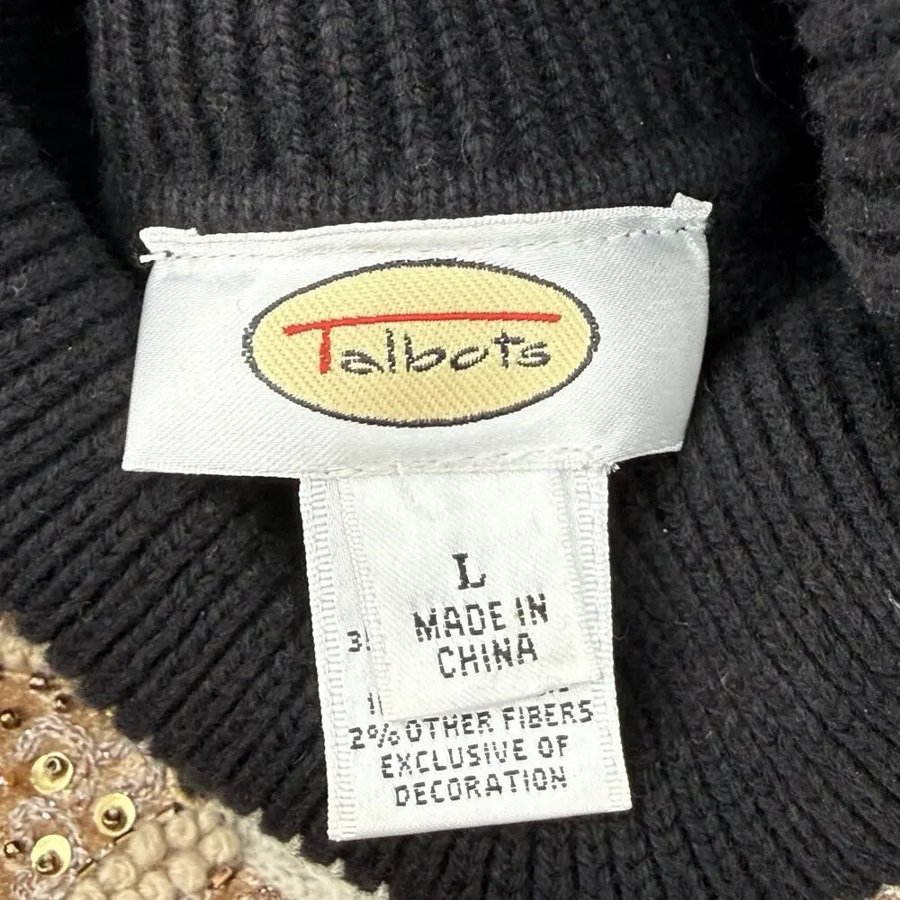 Vintage Talbots Festive Black Christmas Holiday Sweater Size Large Turtle Neck